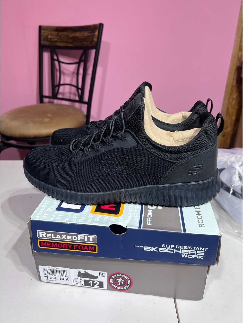 Skechers Work Relaxed Fit Memory Foam Black Slip Resistant Shoes Size 12